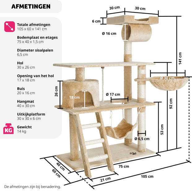 tectake® Krabpaal - Kat - Klimboom 141 cm Hoog - Met Hangmat, Grot, Speeltouw - Pluche en Sisal - Extra Breed - Beige