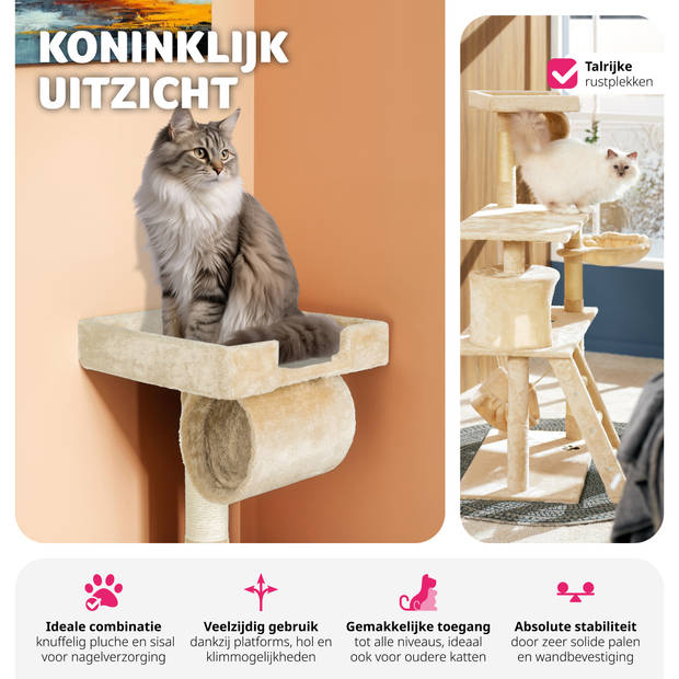 tectake® Krabpaal - Kat - Klimboom 141 cm Hoog - Met Hangmat, Grot, Speeltouw - Pluche en Sisal - Extra Breed - Beige