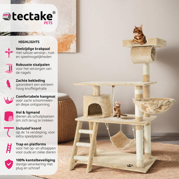 tectake® Krabpaal - Kat - Klimboom 141 cm Hoog - Met Hangmat, Grot, Speeltouw - Pluche en Sisal - Extra Breed - Beige