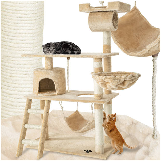 tectake® Krabpaal - Kat - Klimboom 141 cm Hoog - Met Hangmat, Grot, Speeltouw - Pluche en Sisal - Extra Breed - Beige