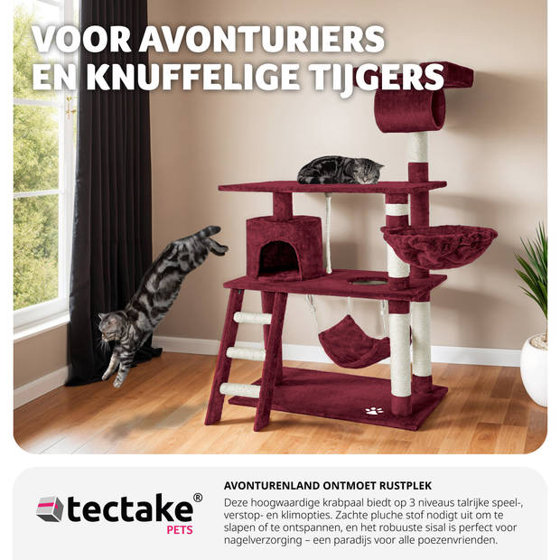 tectake® Krabpaal - Kat - Klimboom 141 cm Hoog - Met Hangmat, Grot, Speeltouw - Pluche en Sisal - Extra Breed - Bordeaux