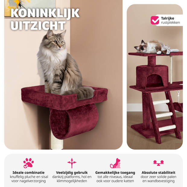 tectake® Krabpaal - Kat - Klimboom 141 cm Hoog - Met Hangmat, Grot, Speeltouw - Pluche en Sisal - Extra Breed - Bordeaux