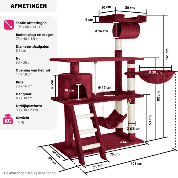 tectake® Krabpaal - Kat - Klimboom 141 cm Hoog - Met Hangmat, Grot, Speeltouw - Pluche en Sisal - Extra Breed - Bordeaux