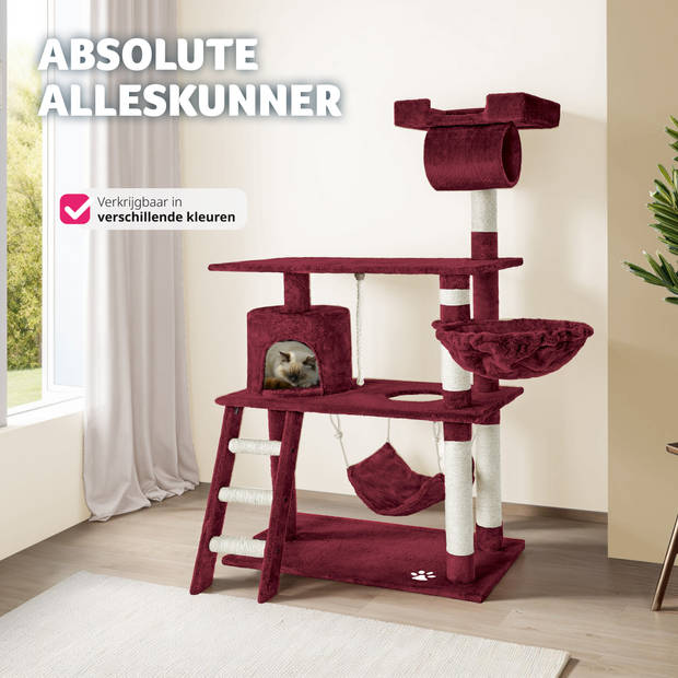 tectake® Krabpaal - Kat - Klimboom 141 cm Hoog - Met Hangmat, Grot, Speeltouw - Pluche en Sisal - Extra Breed - Bordeaux