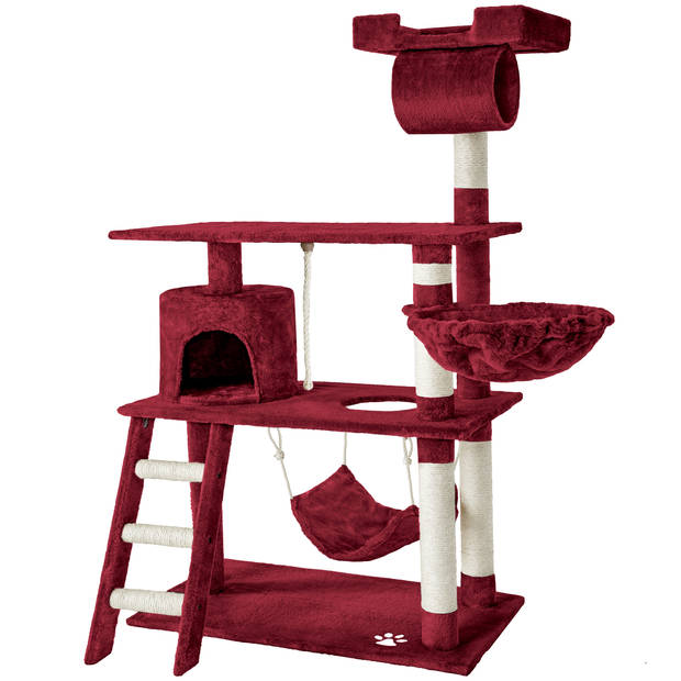 tectake® Krabpaal - Kat - Klimboom 141 cm Hoog - Met Hangmat, Grot, Speeltouw - Pluche en Sisal - Extra Breed - Bordeaux