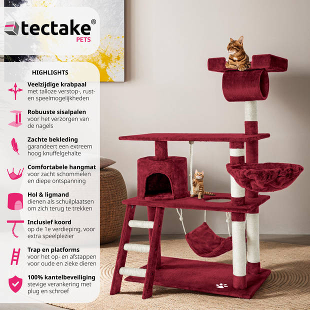 tectake® Krabpaal - Kat - Klimboom 141 cm Hoog - Met Hangmat, Grot, Speeltouw - Pluche en Sisal - Extra Breed - Bordeaux