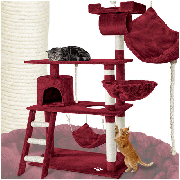 tectake® Krabpaal - Kat - Klimboom 141 cm Hoog - Met Hangmat, Grot, Speeltouw - Pluche en Sisal - Extra Breed - Bordeaux