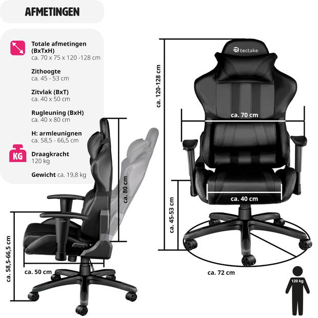 tectake Gaming Chair Bureaustoel - Premium Racing - Zwart - Kunstleer - Verstelbaar