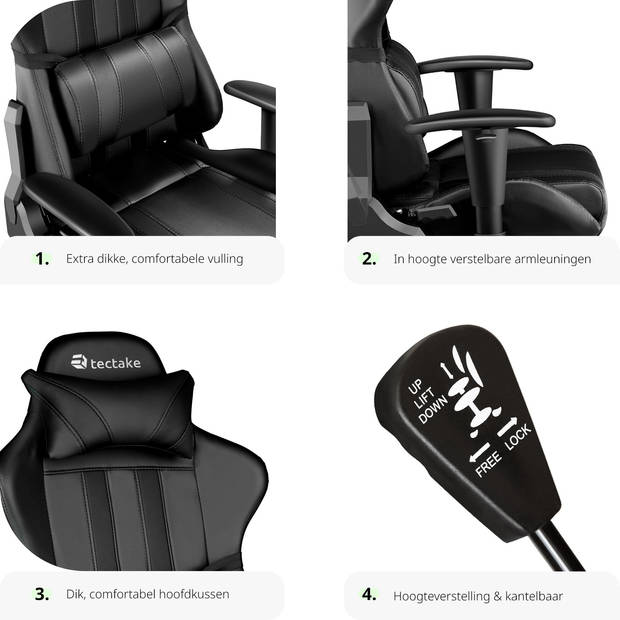 tectake Gaming Chair Bureaustoel - Premium Racing - Zwart - Kunstleer - Verstelbaar