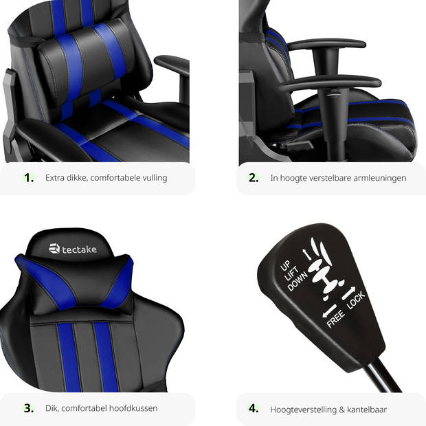 tectake Gaming Chair Bureaustoel - Premium Racing Style -Zwart/Blauw - Kunstleer - Verstelbaar