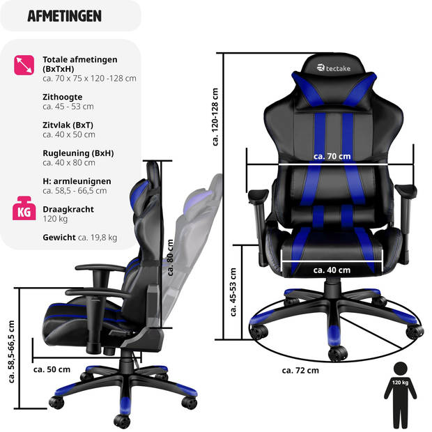 tectake Gaming Chair Bureaustoel - Premium Racing Style -Zwart/Blauw - Kunstleer - Verstelbaar