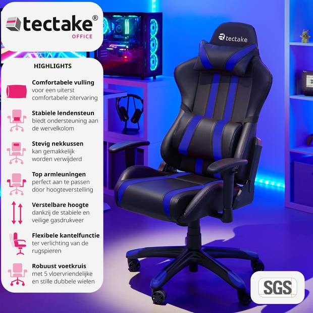 tectake Gaming Chair Bureaustoel - Premium Racing Style -Zwart/Blauw - Kunstleer - Verstelbaar