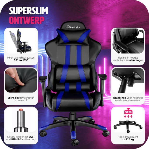 tectake Gaming Chair Bureaustoel - Premium Racing Style -Zwart/Blauw - Kunstleer - Verstelbaar