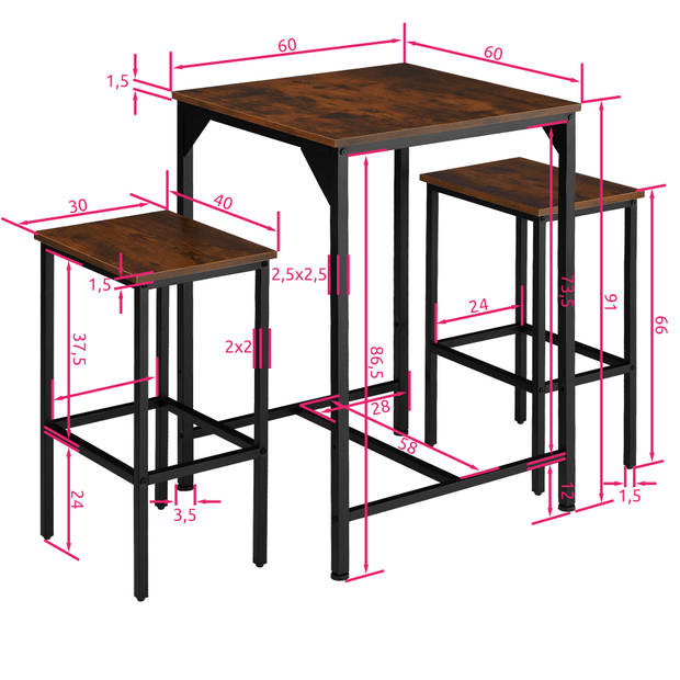 tectake - Bartafelset Inverness industrieel donkerbruin - 404362