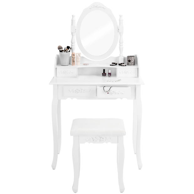 tectake Make up tafel/kaptafel met spiegel en krukje - Wit - Hout - 402072