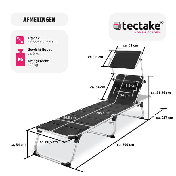 tectake -ligbed Lorella - aluminium- incl. verwisselbaar hoofdkussen-zwart - 403645