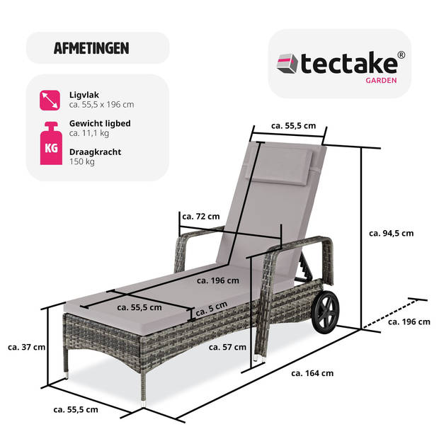 tectake - Wicker ligbed "Cassis" - grijs - 404239