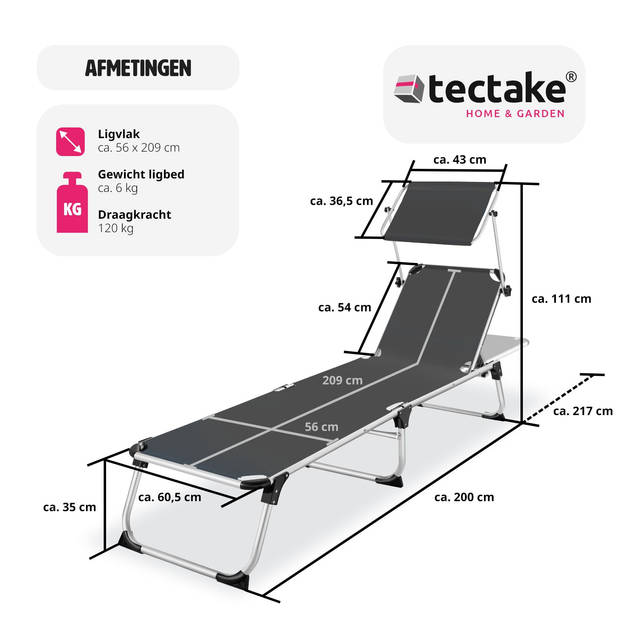 tectake - ligbed zonnestoel Aurelie - incl. individueel instelbaar zonnedak-grijs -403630