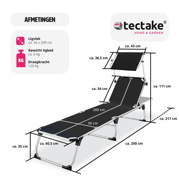 tectake - ligbed zonnestoel Aurelie - incl. individueel instelbaar zonnedak-zwart - 403632