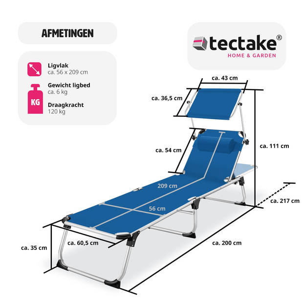 tectake - ligbed zonnestoel Aurelie - incl. individueel instelbaar zonnedak-blauw - 403634