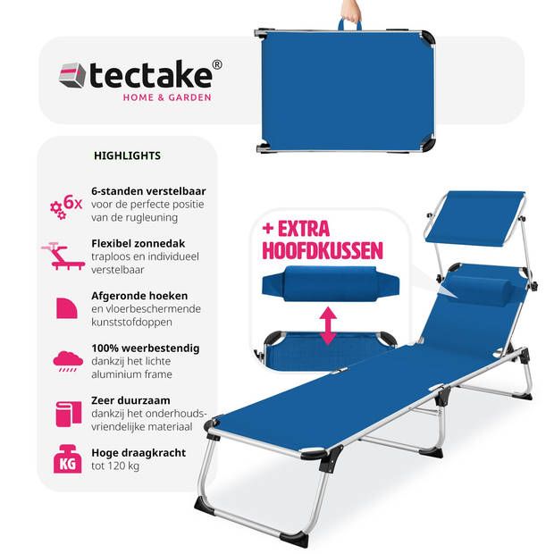 tectake - ligbed zonnestoel Aurelie - incl. individueel instelbaar zonnedak-blauw - 403634