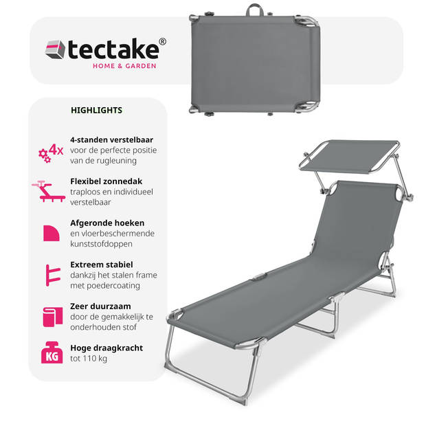 tectake - ligbed zonnebed - verstelbaar in 4-standen - grijs - 403786