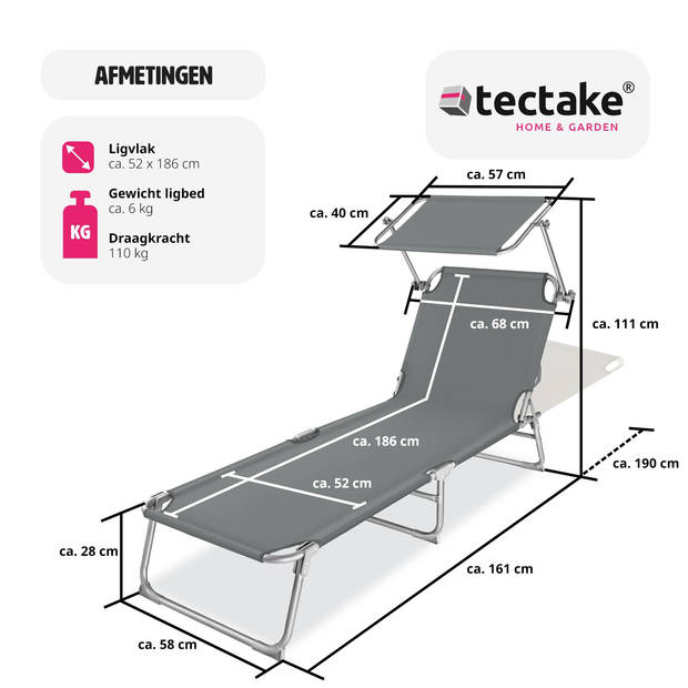 tectake - ligbed zonnebed - verstelbaar in 4-standen - grijs - 403786