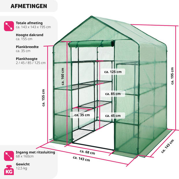 tectake® Broeikas - Hobbykas - Veel Werkruimte - 143x143x195 cm - Voor Tuin en Buiten