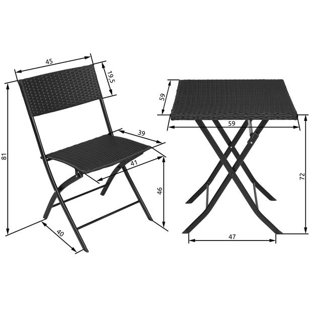 tectake - Tuinset Balkonset - wicker set Trevi - 2 stoelen en een tafel – zwart – 403196