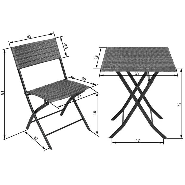 tectake - Tuinset Balkonset - wicker set Trevi - 2 stoelen en een tafel - grijs - 403197