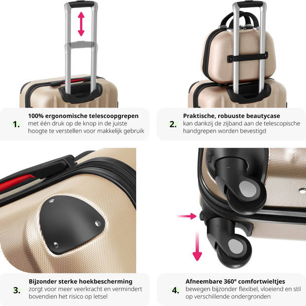 tectake® 4-Delige Reiskofferset - Koffers met 360° Afneembare Wielen & Cijferslot - Stapelbaar - Trolley - Champagne