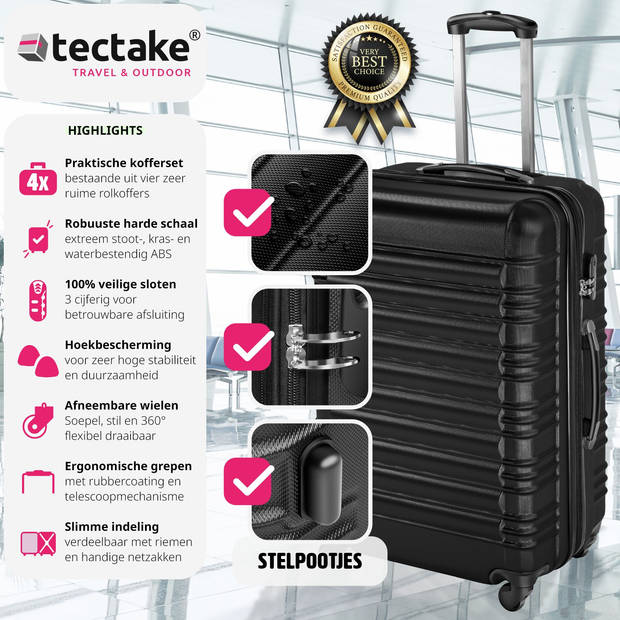 tectake® Kofferset 4-Delig - ABS Hardshell Trolleys - Handbagage - Luxe Reis Kofferset - zwart