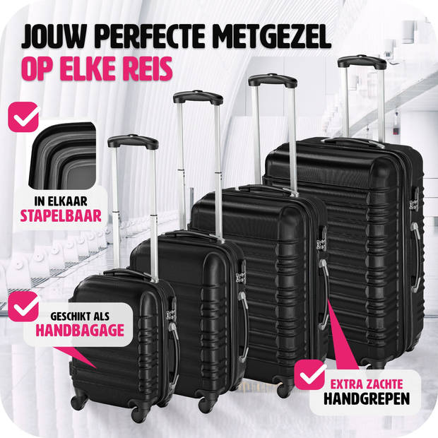 tectake® Kofferset 4-Delig - ABS Hardshell Trolleys - Handbagage - Luxe Reis Kofferset - zwart