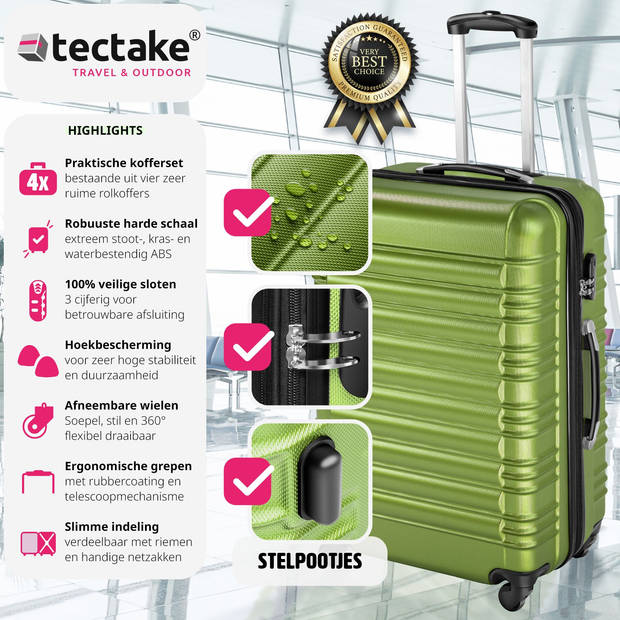 tectake® Kofferset 4-Delig - ABS Hardshell Trolleys, Handbagage - Luxe Reis Kofferset - Groen