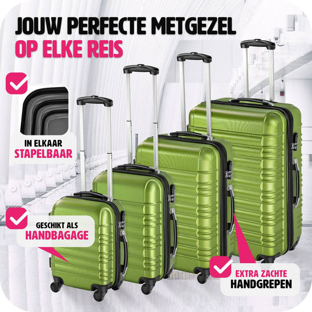 tectake® Kofferset 4-Delig - ABS Hardshell Trolleys, Handbagage - Luxe Reis Kofferset - Groen