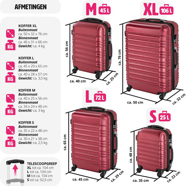 tectake® Kofferset 4-Delig - ABS Hardshell Trolleys, Handbagage - Luxe Reis Kofferset - Rood