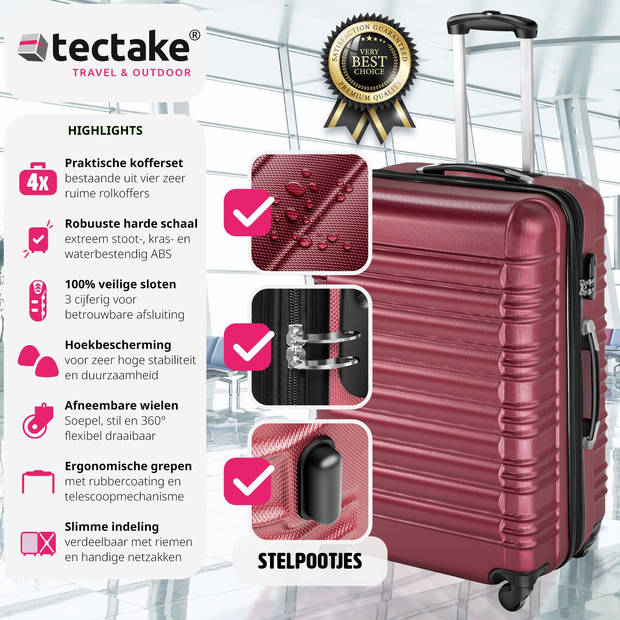 tectake® Kofferset 4-Delig - ABS Hardshell Trolleys, Handbagage - Luxe Reis Kofferset - Rood