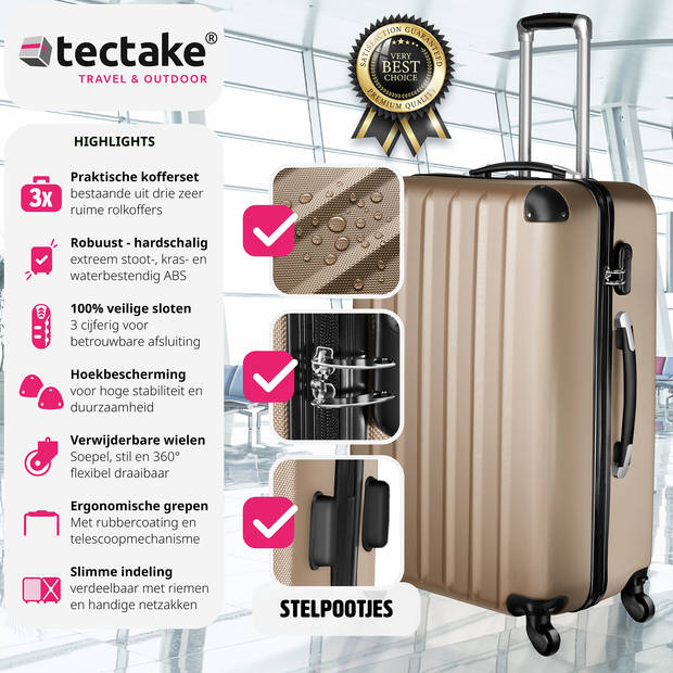 tectake® - 3-delig - Kofferset - champagne - hardshell - verrijdbaar - 402084