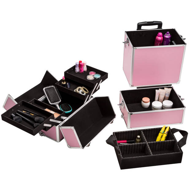 tectake Cosmetica koffer met 3 Etages - Roze - Make-up Koffer