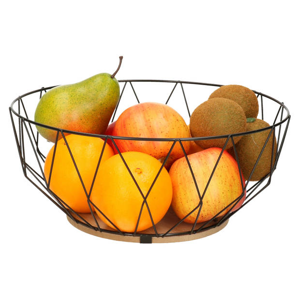 Fruitschaal/fruitmand rond zwart metaal/hout 28 cm - Fruitschalen