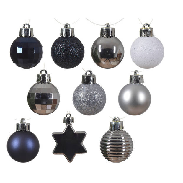 30x stuks kleine kunststof kerstballen donkerblauw/wit/zilver 3 cm - Kerstbal