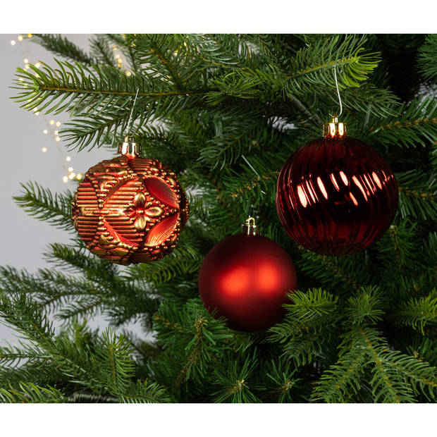 Decoris Gedecoreerde kerstballen - 20x st - rood - 8 cm - kunststof - Kerstbal