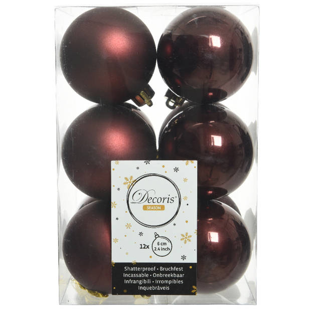 Decoris kerstballen - 12x stuks - mahonie bruin - kunststof - 6 cm - Kerstbal