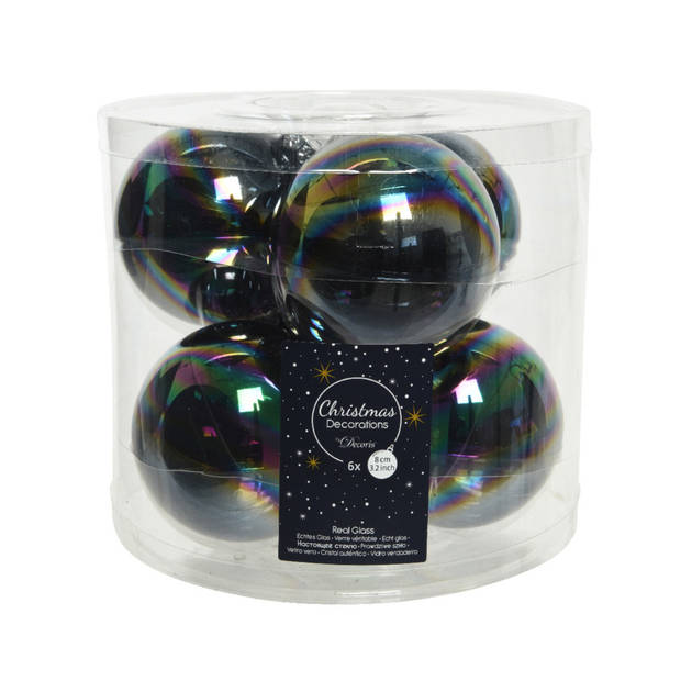 6x stuks glazen kerstballen zwart parelmoer 8 cm glans - Kerstbal