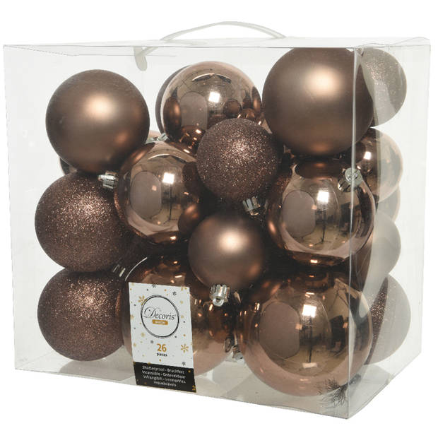 Decoris Kerstballen - 26x st - walnoot bruin - 6-8-10 cm - kunststof - Kerstbal