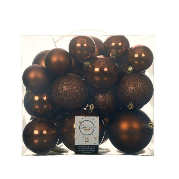 Decoris Kerstballen - 26x st - kunststof - kaneel bruin - 6-8-10 cm - Kerstbal
