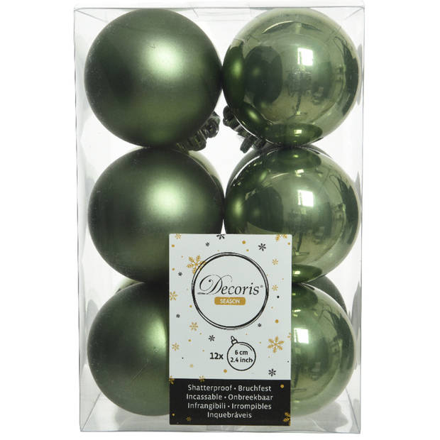 12x stuks kunststof kerstballen mos groen 6 cm glans/mat - Kerstbal