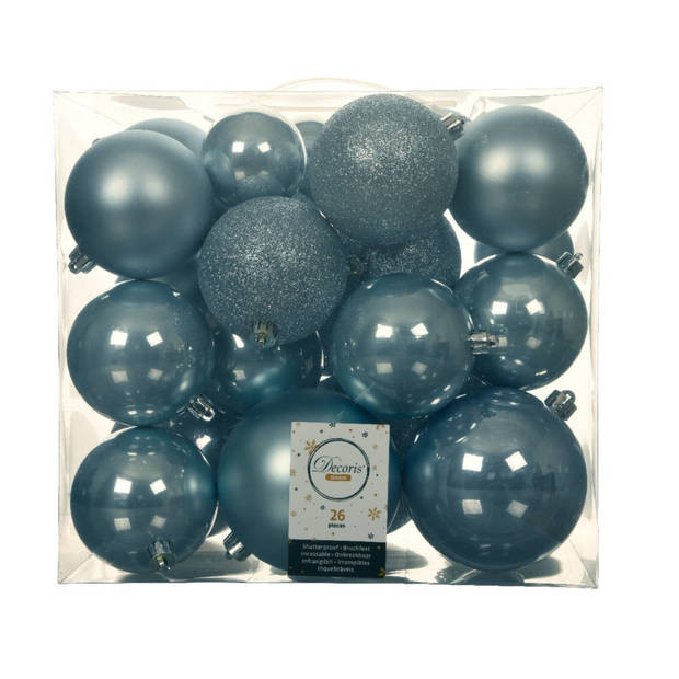 Set van 26x stuks kunststof kerstballen incl. glazen piek glans lichtblauw - Kerstbal