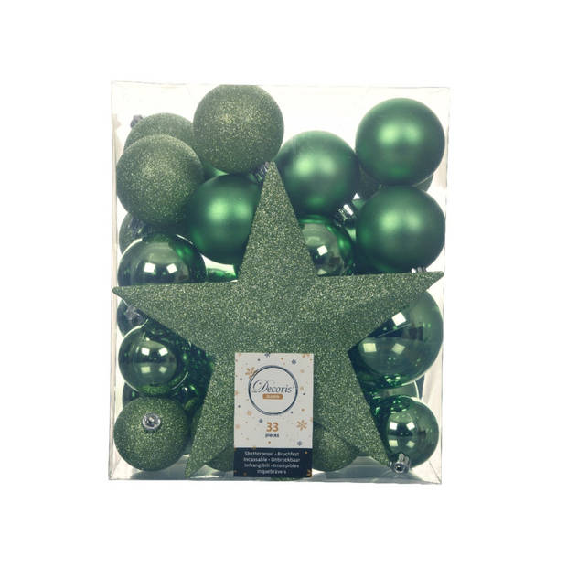 Set van 33x stuks kunststof kerstballen met ster piek groen mix - Kerstbal