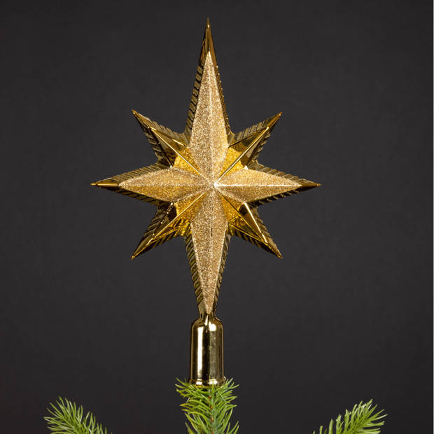 Kunststof glitter ster piek/kerstboom topper goud 25,5 cm - kerstboompieken